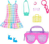 Barbie Clothes and Accessories, Deluxe Sunglasses-Shaped Bag with Keychain, Multicolor Gingham Dress and Summery Accessories for Kids Ages 3+